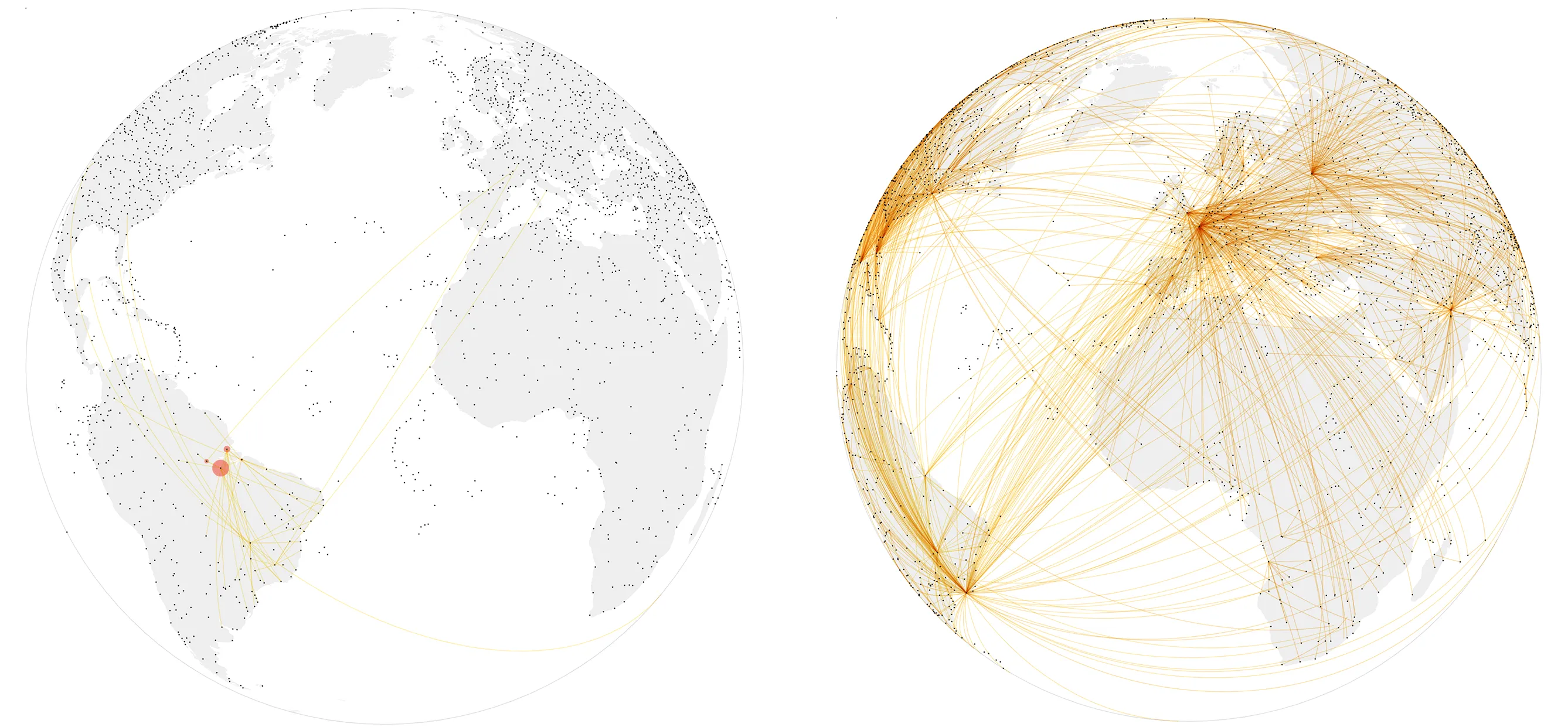 Seedings drawn as lines on a globe, with infections shown as circles over the cities.