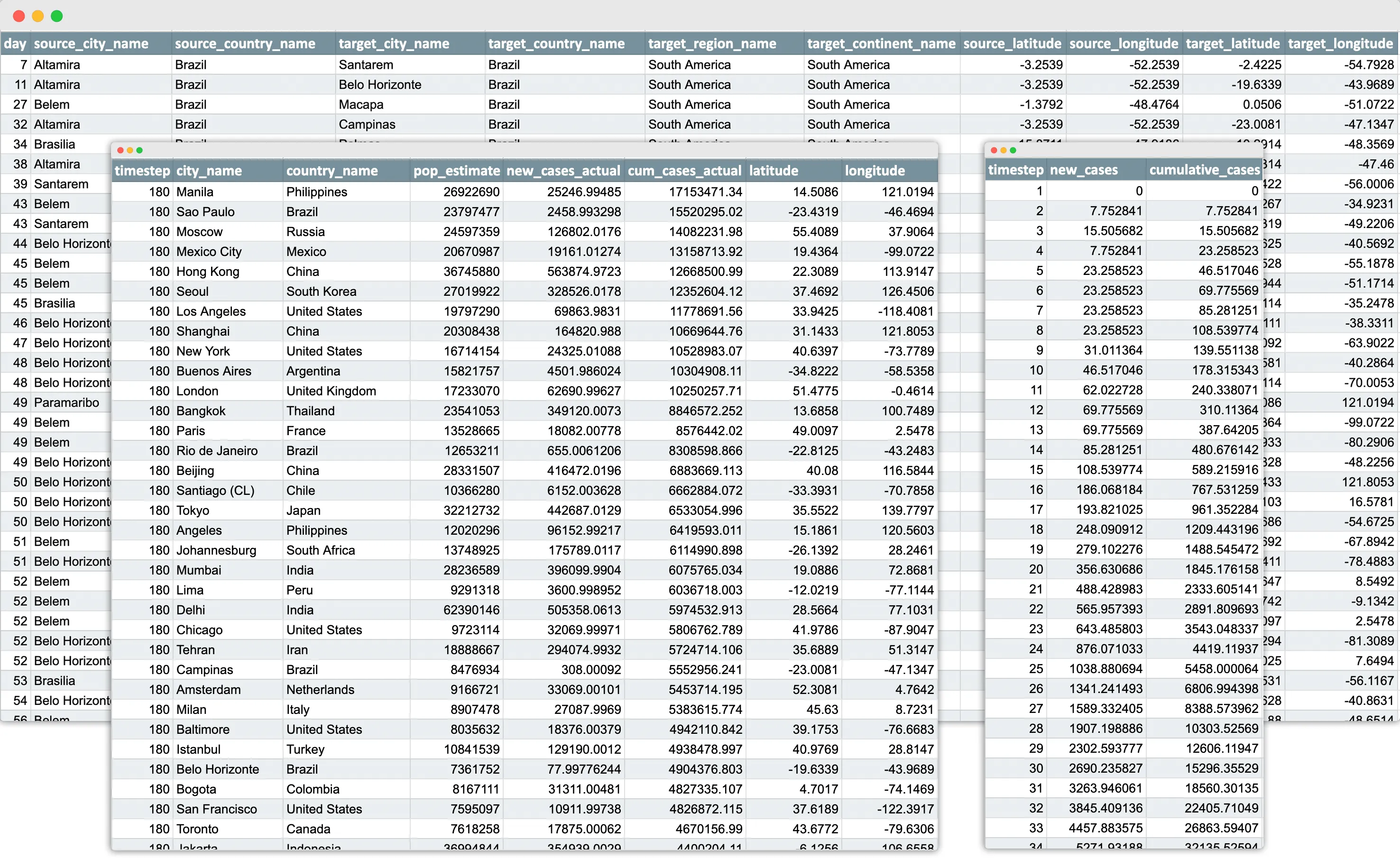 Spreadsheet preview of the two datasets, seedings and infections, as viewed on Google Sheets.
