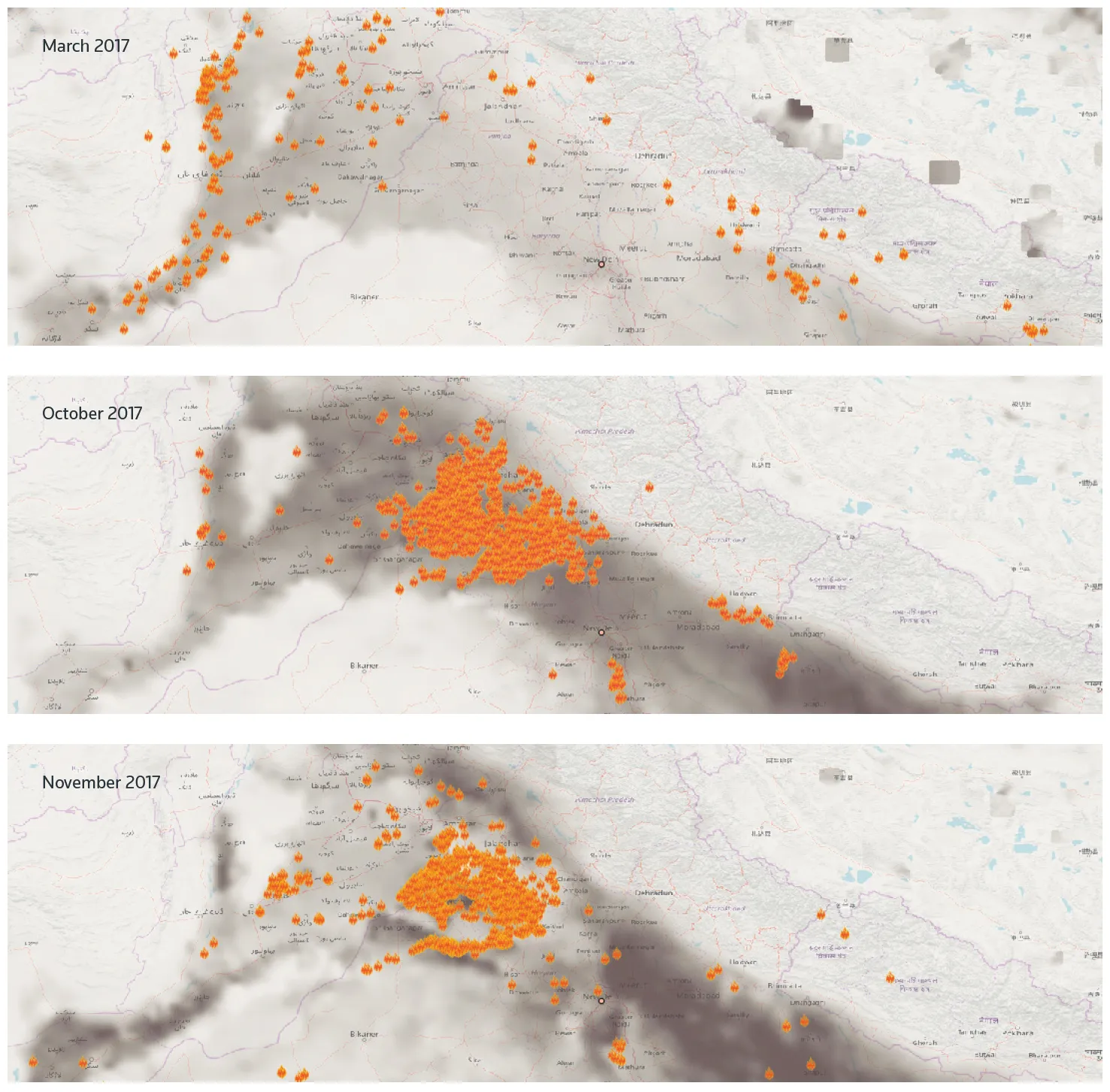 A panel of three maps showing the haze and dots of fires in orange over the norther part of India for March, October and November 2017.