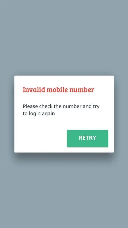 Screen mockup for invalid mobile number