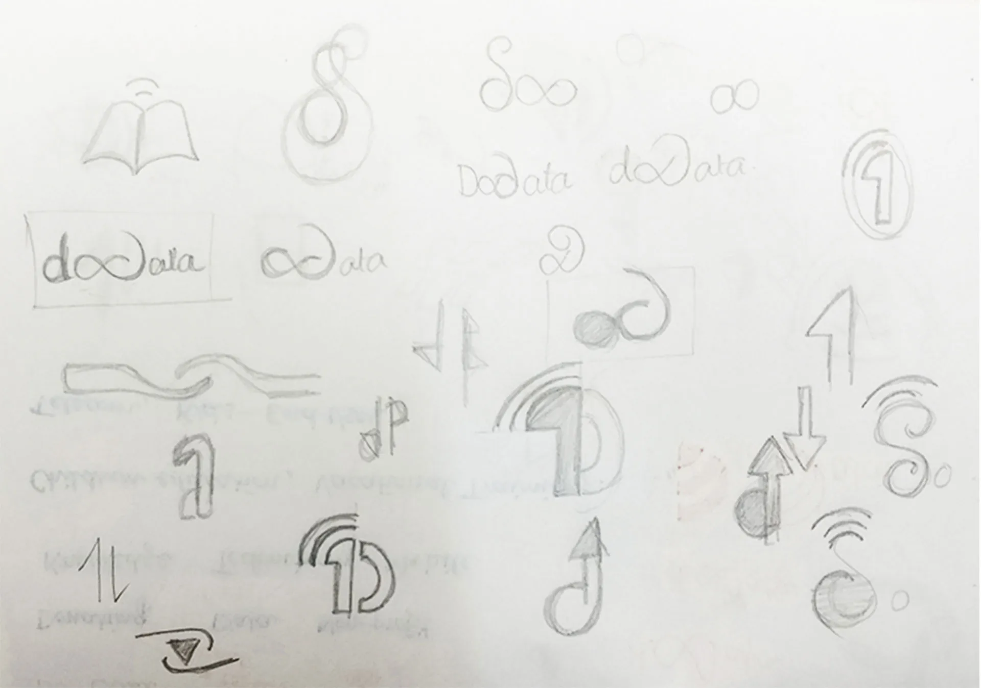 Photo of pencil sketches on paper showing logo ideas