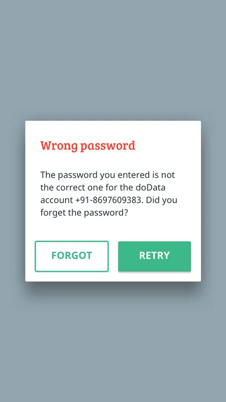 Screen mockup when incorrect password is entered