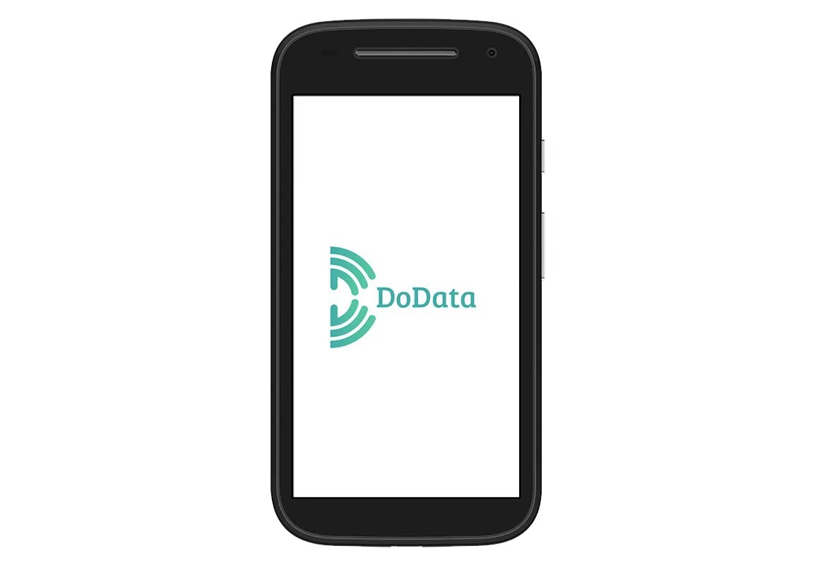 A mock-up of a mobile phone showing the DoData logo