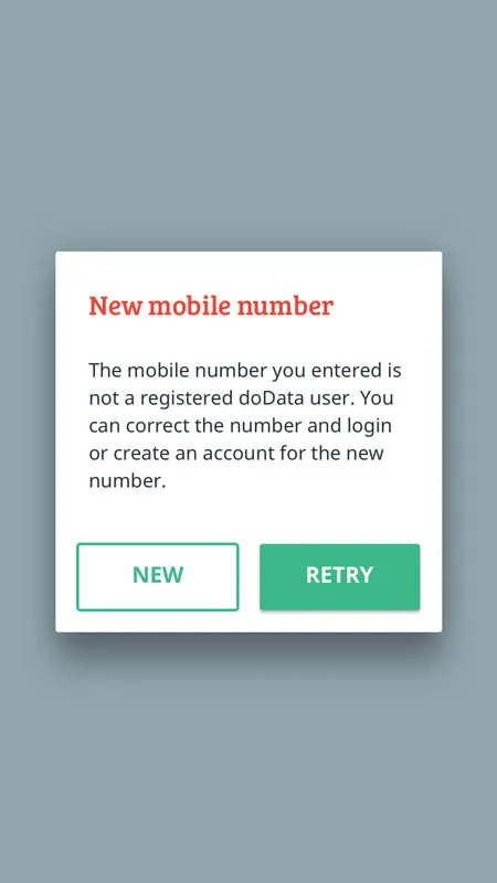 Screen mockup when an unrecognised mobile number is entered