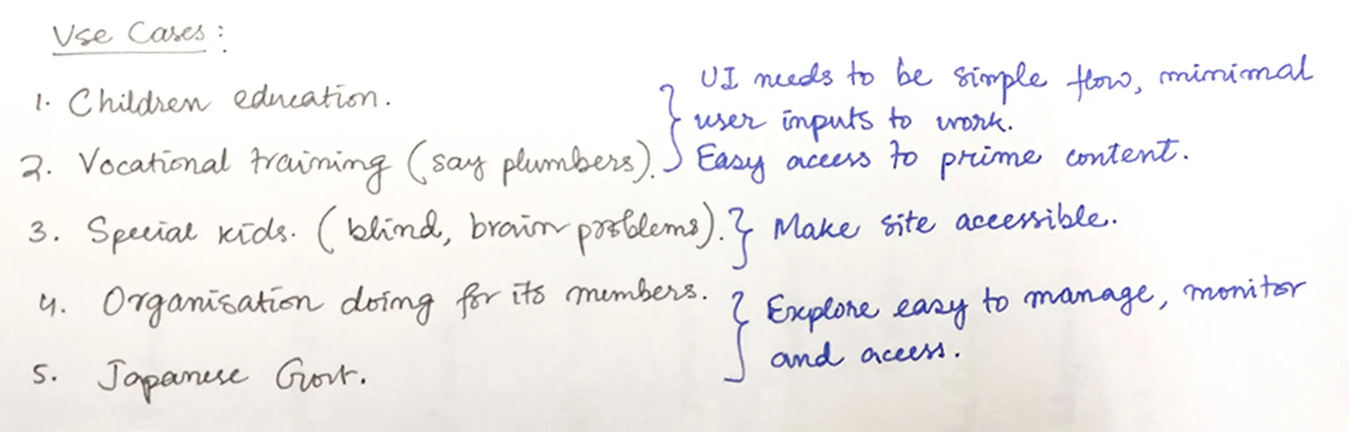 Handwritten notes about the use cases - children education, vocational training, special kids, organisations for its members, the Japanese government.