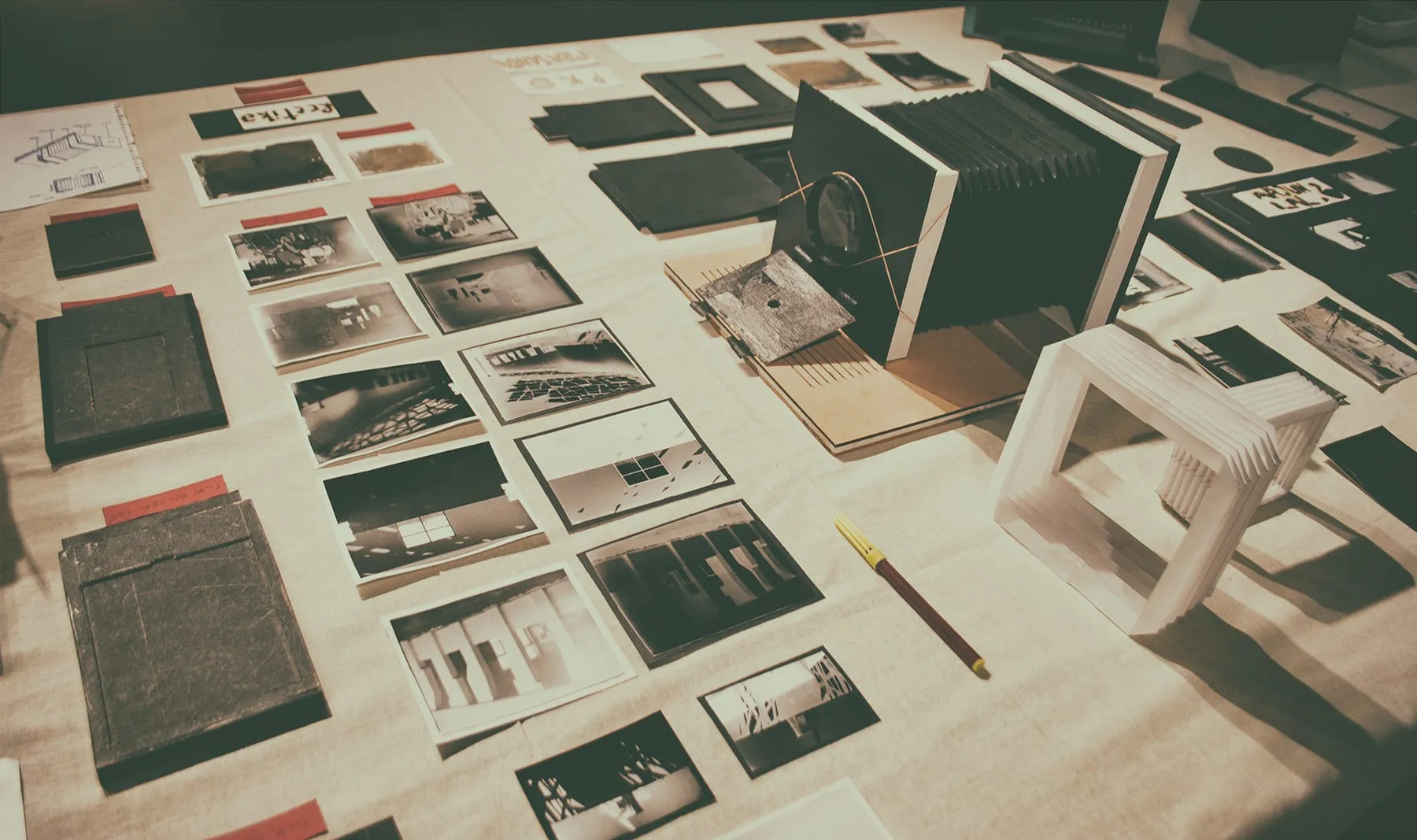 The author’s camera displayed next to classmates’ work.